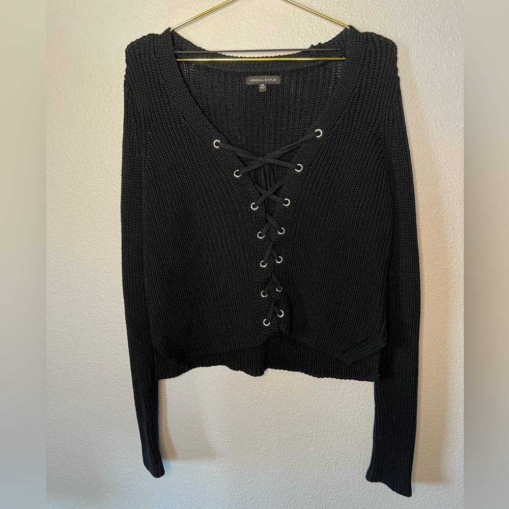 Kendall & Kylie - Black Lace Up Sweater Slightly Cropped Medium
